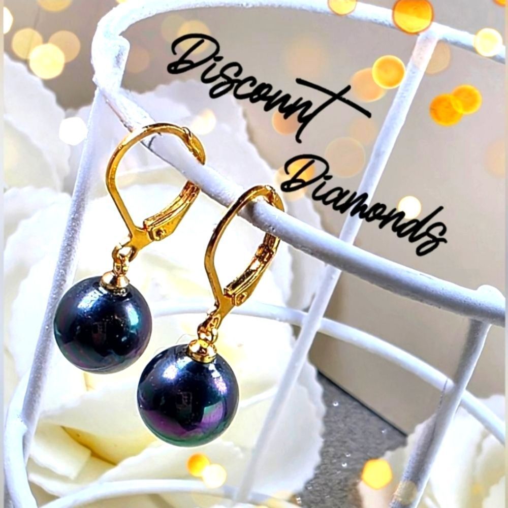 10mm Black South Sea Shell Pearl Leverback Earrings 14K Gold on 925 Silver - Picture 4 of 7